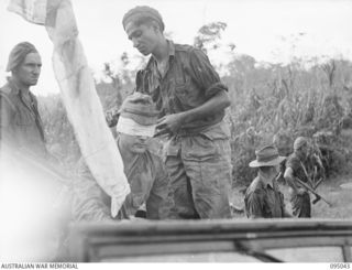 MIVO RIVER AREA, BOUGAINVILLE. 1945-08-18. SUPERIOR PRIVATE TAKESHITA, FLAG BEARER TO THE JAPANESE SURRENDER ENVOY, BEING BLINDFOLDED IN A JEEP BY PRIVATE V.N. SPARTALIS OF D COMPANY, 15TH ..