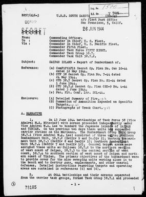 SOUTH DAKOTA - Rep of Bombardment of Saipan-Tinian Areas, Marianas, 6/13/44