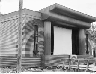MALMAL VILLAGE, JACQUINOT BAY, 1945-07-03. THE NEWLY COMPLETED THEATRE STAGE AT HEADQUARTERS 5 DIVISION WHICH WAS DESIGNED ON MODERN LINES BY THE COMMANDING OFFICER, 55 FIELD PARK COMPANY, ROYAL ..
