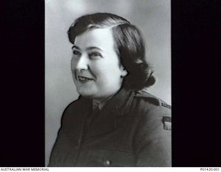 MELBOURNE, VIC. 1945. STUDIO PORTRAIT OF VF516974 SERGEANT DORIS MARY HEATH, AUSTRALIAN WOMEN'S ARMY SERVICE (AWAS) 1945-01-05 TO 1946-08-05, AND LATER A CIVILIAN TRANSLATOR AND JAPANESE ..