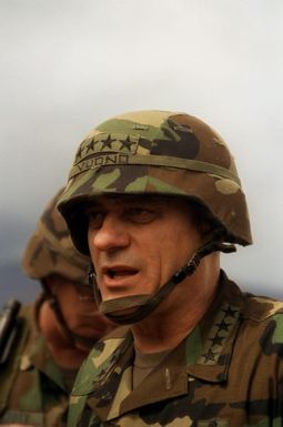 A close-up of Army CHIEF of STAFF General (GEN) Carl E. Vuono as he speaks to members of the 25th Infantry Division (Light) during a visit to the training area
