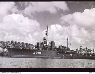 MADANG, NEW GUINEA. 1944-05-15. THE RAN VESSEL HMAS KAPUNDA ANCHORED IN HARBOUR AFTER RETURNING FROM A PATROL NORTH OF ALEXISHAFEN. DURING THE PATROL THE SHIP BOMBARDED SHORE POSITIONS ON KARKAR ..