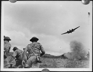 Members of 39 Company AA Regiment NZA undergoing battle noises practice at Suva Point, Fiji