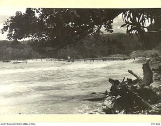 SIKI COVE, FINSCHHAFEN AREA, NEW GUINEA. 1944-03-21. A SECTION OF THE PANORAMA VIEWED FROM THE NORTH END OF SCARLET BEACH, PICTURING THE SONG RIVER ON THE RIGHT, AND SIKI COVE IN THE DISTANCE. THE ..