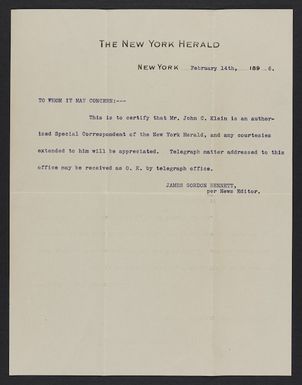 Correspondence relating to Klein's newspaper reporting