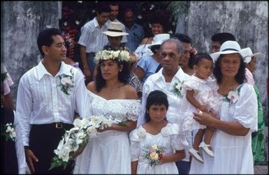 Wedding party outside church, Rarotongan wedding