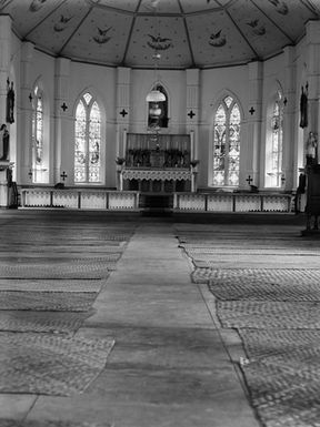 [Low angle view of church interior]