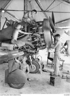 BOUGAINVILLE. 1945-01-12. GROUND CREWS OF NO. 5 (ARMY CO-OPERATION) SQUADRON RAAF CARRYING OUT A MAJOR INSPECTION ON A BOOMERANG AIRCRAFT UNDER A CANOPY AT PIVA AIRFIELD, TOROKINA. LEFT TO RIGHT: ..