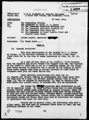 ALBERT W GRANT - Rep of Ops, 6/15-17/44, Invasion of Saipan Island, Marianas