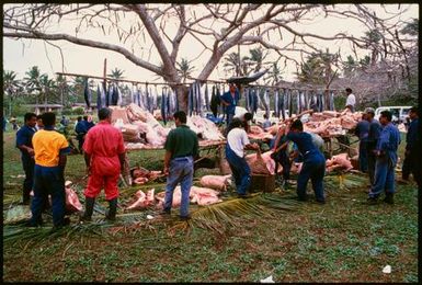 Food preparation for ear piercing ceremony, Lakepa, Niue