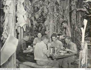 TSILI TSILI, PAPUA NEW GUINEA. 1943-11-18. SERGEANTS OF NO. 4 (ARMY CO-OPERATION) SQUADRON RAAF SEATED IN THEIR OUTDOORS MESS IN A BANANA PLANTATION