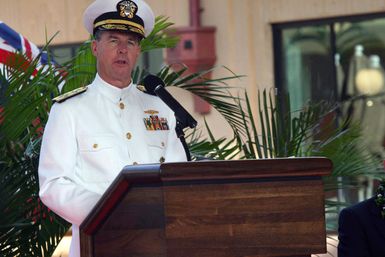 U.S. Navy Adm. Thomas B. Fargo, Commander, U.S. Pacific Command (USPACOM), gives a speech during the dedication ceremony of the newly built Nimitz-MacArthur Pacific Command Center (NMPCC) at Camp H. M. Smith, Hawaii, Apr. 14, 2004. The new center is named in honor of Adm. Chester Nimitz and U.S. Army Douglas MacArthur and is one of the nation's premier facilities for Command, Control, Communications, Computers and Intelligence (C4I) systems. (U.S. Marine Corps photo by Lance CPL. JonDior Ferrell) (Released)