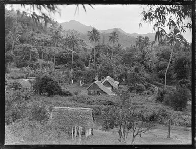 Huts in bush land, Rarotonga, Cook Islands, including hills in the background