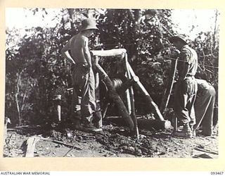WEWAK AREA, NEW GUINEA. 1945-06-28. A SPECIAL FLYING FOX WAS BUILT BY ENGINEERS OF 2/14 FIELD COMPANY, ROYAL AUSTRALIAN ENGINEERS, TO SUPPLY WATER TO 2/8 INFANTRY BATTALION ON TOP OF MOUNT ..