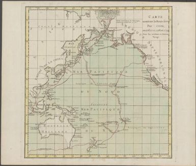 Carte montrant la route suivie par Cook en 1776, 1777, 1778 et 1779 dans son troisieme et dernier voyage