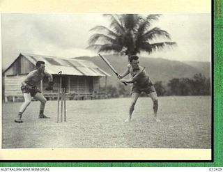 KOKODA, NEW GUINEA. 1944-04-11. MEMBERS OF THE 23RD AND 24TH LINE SECTIONS, 18TH LINES OF COMMUNICATION SIGNALS PLAYING CRICKET ON A NATIVE POLICE PARADE GROUND. THE PALM AT THE BACKGROUND STANDS ..