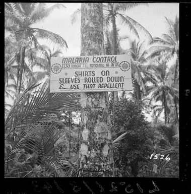 Malaria control sign at New Zealand Divisional Headquarters, Vella Lavella Island, Solomon Islands, during World War 2