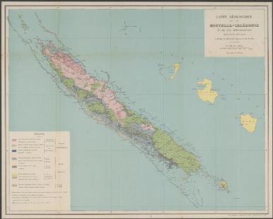 Carte geologique de la Nouvelle-Caledonie et de ses dependances / d'apres la carte et les travaux de Mr. Louis Pelatan Ingenieur en chef des Mines ; gravee et imprimee par Erhard Fres