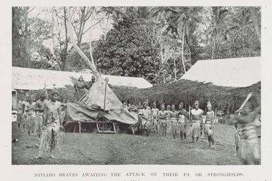 Mitiaro braves awaiting the attack on their pa or strongholds. The incident here re-enacted occurred about 1820, when the Mitiaro was besieged and vanquished by the warlike Atiu people
