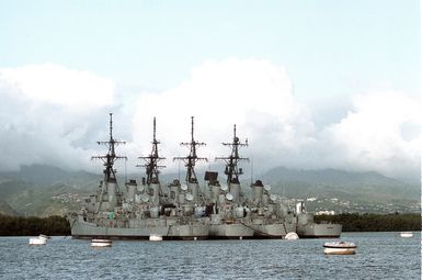 Four decommissioned Charles F. Adams class guided missile destroyers lie at anchor in the Middle Loch. The ships are, from left to right: the HOEL (DDG-13), the JOSEPH STRAUSS (DDG-16), the HENRY B. WILSON (DDG-7) and the COCHRANE (DDG-21).