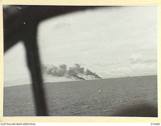 1943-03-22. BISMARCK SEA BATTLE. ALLIES SMASH JAP CONVOY. AN RAAF BEAUFIGHTER AIRCRAFT ATTACKS A JAPANESE CONVOY. TWO BURNING SHIPS CAN BE SEEN AS BEAUFIGHTER COMES IN TO STRAFE UNDAMAGED VESSELS. ..