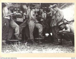 AITAPE AREA, NEW GUINEA. 1944-11-23. HQ 6 DIVISION SIGNALLERS AT WORK ON A DISTRIBUTION AND PROTECTION BOARD. THIS INSTRUMENT DISTRIBUTES ALL INCOMING LINES AND PROTECTS THEM FROM LIGHTNING DAMAGE. ..