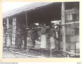 WEWAK AREA, NEW GUINEA. 1945-06-28. AUSTRALIAN NEW GUINEA ADMINISTRATIVE UNIT NATIVES WORKING ON THE COMPLETION OF ONE OF THE STORE SHEDS AT THE FIELD MAINTENANCE CENTRE, ASSISTANT DIRECTOR OF ..