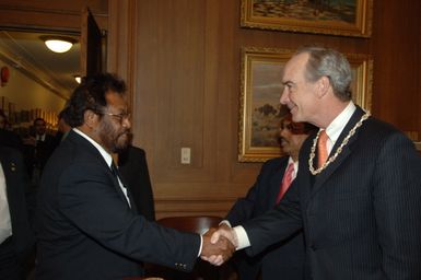 [Assignment: 48-DPA-02-25-08_SOI_K_Pres_Palau] Secretary Dirk Kempthorne [meeting at Main Interior] with government delegation from the Republic of Palau, [led by Palau President Tommy Remengesau. Secretary Kempthorne and President Remengesau discussed, among other subjects, the possibility of creating a National Heritage Area on the Palau island of Peleliu, along with the upcoming Review of the Palau-U.S. Compact of Free Association.] [48-DPA-02-25-08_SOI_K_Pres_Palau_IOD_1071.JPG]