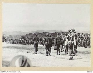 CAPE WOM, NEW GUINEA, 1945-09-13. LIEUTENANT-GENERAL ADACHI, COMMANDER 18 JAPANESE ARMY IN NEW GUINEA, FORMALLY SURRENDERED TO MAJOR-GENERAL H.C.H. ROBERTSON, GENERAL OFFICER COMMANDING 6 DIVISION, ..