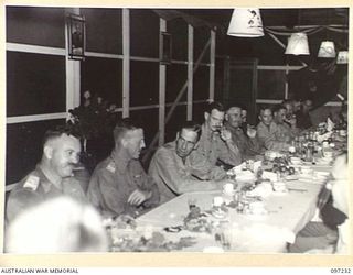 BOUGAINVILLE. 1945-09-22. SENIOR OFFICERS ATTENDING A DINNER GIVEN BY MAJOR GENERAL W. BRIDGEFORD, GENERAL OFFICER COMMANDING 3 DIVISION, TO ALL UNIT COMMANDERS