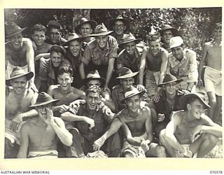 KELANOA, NEW GUINEA, 1944-02-20. ALLIED TROOPS BARRACKING VARIOUS UNIT REPRESENTATIVES AT THE 5TH AUSTRALIAN DIVISION BEACH CARNIVAL