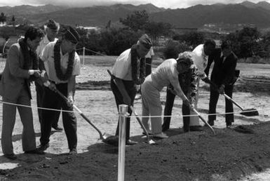 Participating in the ground breaking ceremony for the new Civil Air Patrol (CAP) building are (from left to right) CAP COL John H. Felix, CPT Jim Kline, USAF BGEN Carl S. Miller, CAP COL William K. Baker, Percy Mirikitani, CAP LTC Robert G. Alderman, State Rep. Charles M. Campbell and State Senator Joseph T. Kuroda