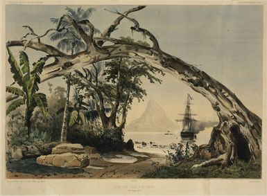 Le Breton, Louis Auguste Marie, 1818-1866 :Site sur l'ile d'Ao-Kena (Iles Manga-Reva) / dessine par LeBreton, lith[ographie] per Sabatier. Navire par Mayer. Imp[rime] de Lemercier. [Paris, Gide, 1846].