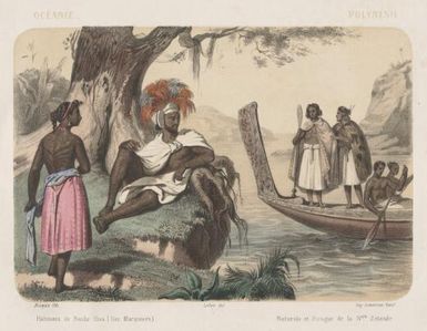 Habitants de Nouka-Hiva, Iles Marquises : Naturels et pirogue de la Nelle. Zelande / Bocquin lith.; Leloir del