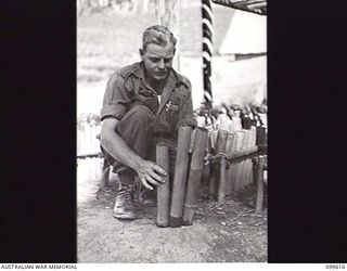 AIYURA, NEW GUINEA, 1946-01-09. WARRANT OFFICER 2 HARDAKER EXAMINING SIX MONTHS OLD HOOP PINE SEEDLINGS IN BAMBOO POTS AT BRECHIN PLANTATION, AUSTRALIAN NEW GUINEA ADMINISTRATIVE UNIT EXPERIMENTAL ..