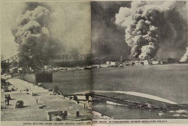 The bombing raid on Pearl Harbour: smoke belches from the cruiser Helena (left) and destroyer Shaw. In the foreground is the sunken minelayer Oglala