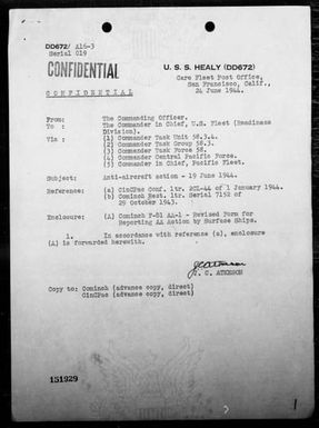 USS HEALY - Report of A A action off Saipan Island, Marianas, 6/19/44