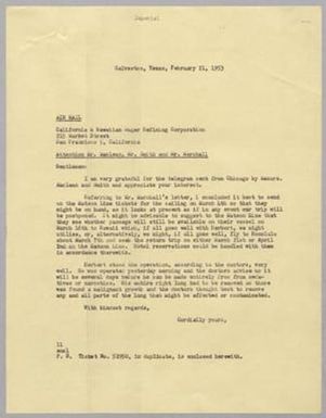 [Letter from I. H. Kempner to California & Hawaiian Sugar Refining Corp., February 21, 1953]