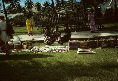 Baskets and shells for cruise ship tourists, Nuku'alofa, Tonga June 1984