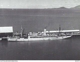 AERIAL STARBOARD SIDE VIEW OF THE AUSTRALIAN PASSENGER CARGO STEAMER MONTORO WHICH TRANSPORTED AUSTRALIAN TROOPS TO NEW GUINEA IN 1941 AND WITHDREW DEPENDENTS FROM DARWIN IN 1942-01. (NAVAL ..