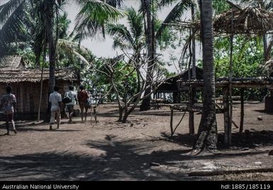 Village scene, people gathering in village open area, with houses in background