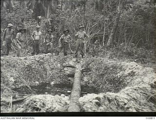 LOS NEGROS ISLAND, ADMIRALTY ISLANDS. 1944-03-18. GUARDS ON PATROL COME TO A BOMB CRATER NEAR MOMOTE AIRFIELD. RAAF KITTYHAWK AIRCRAFT WERE OPERATING FROM THE STRIP ONLY FOUR DAYS AFTER THE BATTLE ..