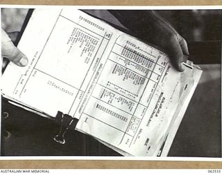 WARD'S DROME, PORT MORESBY AREA, PAPUA, NEW GUINEA. 1944-01-06. CLOSE UP OF AN AIRCRAFT MANIFEST SHEET, WHICH GIVES NAMES OF PERSONNEL, STORES AND WEIGHTS