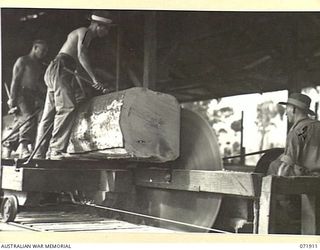 LAE, NEW GUINEA. 1944-03-30. QX37904 SAPPER G. MOUNTNEY (1), WITH QX27562 SAPPER L. MOUNTNEY (2), OPERATING A 60 INCH CANADIAN SAW IN A SAWMILL AT 59TH CORPS FIELD PARK COMPANY. THE SAW BENCH IS ..