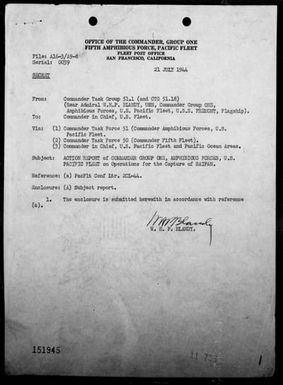 COMPHIB GR 1 - Report of operations in the invasion of Saipan Island, Marianas, 6/16-26/44