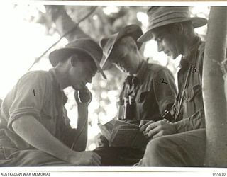 SALAMAUA, NEW GUINEA, 1943-08-09. TROOPS OF THE 1ST AUSTRALIAN MOUNTAIN BATTERY DIRECTING ARTILLERY FIRE ON KOMIATUM FROM DRAKES OBSERVATION POST. LEFT TO RIGHT:- NX112930 GUNNER C. W. WELLSMORE; ..