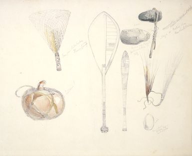 [Angas, George French] 1822-1886 :Fan from Aitukaka, Hervey Group. Ancient axe (Mogo) found imbedded in cliff; Mogo or native axe New South Wales; Ancient pearl fish hook Sydney. [Gourd from New] Caledonia I. [Between 1844 and 1860]