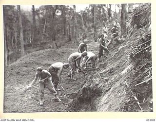 BERRY'S HILL, CENTRAL BOUGAINVILLE, 1945-06-27. TROOPS OF 7 INFANTRY BATTALION SHOVELLING EARTH AWAY DURING THE CONSTRUCTION OF A ROAD ON BERRY'S HILL. THE ROAD WILL ENABLE SUPPLIES TO BE EXPEDITED ..