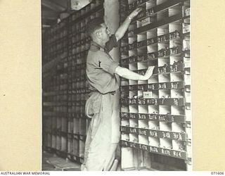 LABU POINT, LAE, NEW GUINEA. 1944-03-24. NX28637 CORPORAL G. M. LOVE AT WORK IN THE 1ST WATERCRAFT WORKSHOP TECHNICAL STORE, WHICH SUPPLIES STORES AND PARTS TO THE WORKSHOPS