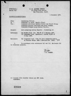 USS Lardner - Rep of A/S act in the Palau Is on 11/28/44